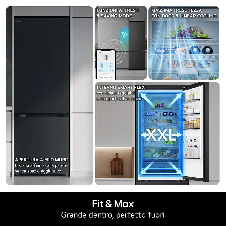 LG GBBS322BPY Frigorifero combinato Fit & Max 60cm, Classe B, 375L, AI Inverter, Prime Silver