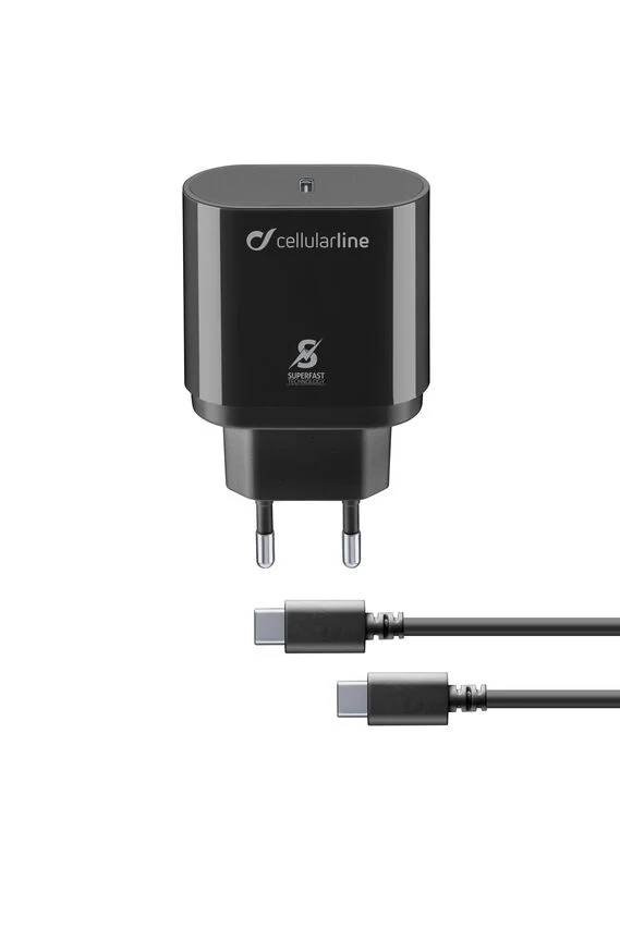 Cellularline Super Fast Charger Kit PD 25W - USB-C - Samsung A70, A80, A90, Note 10, Note 10+ Caricabatterie da rete Super Fast Charge PD 25W con cavo USB-C to USB-C Nero