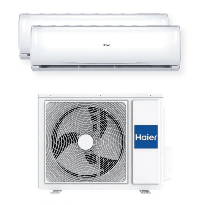 Haier Flair H2U14TAA Condizionatore Fisso Dual Split 9000 + 9000 Btu, 2 Unità Interne E 1 Esterna, Inverter Plus, Bianco