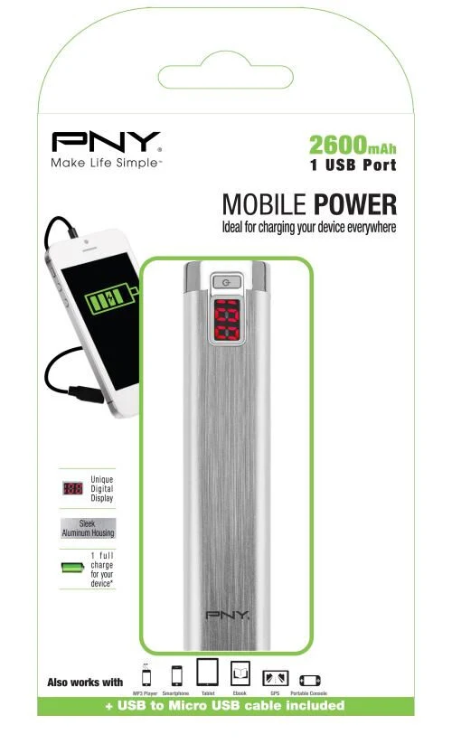 PNY PowerPack Digital 2600 batteria portatile Ioni di Litio 2600 mAh Alluminio