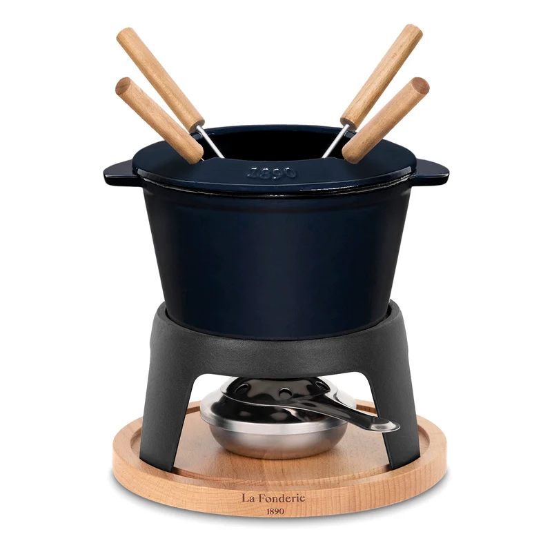 Ⓜ️🔵🔵🔵 La Fonderie 1890 MONT D’ARBOIS - Set fonduta, 4 persone, ghisa smaltata BLU e vero legno