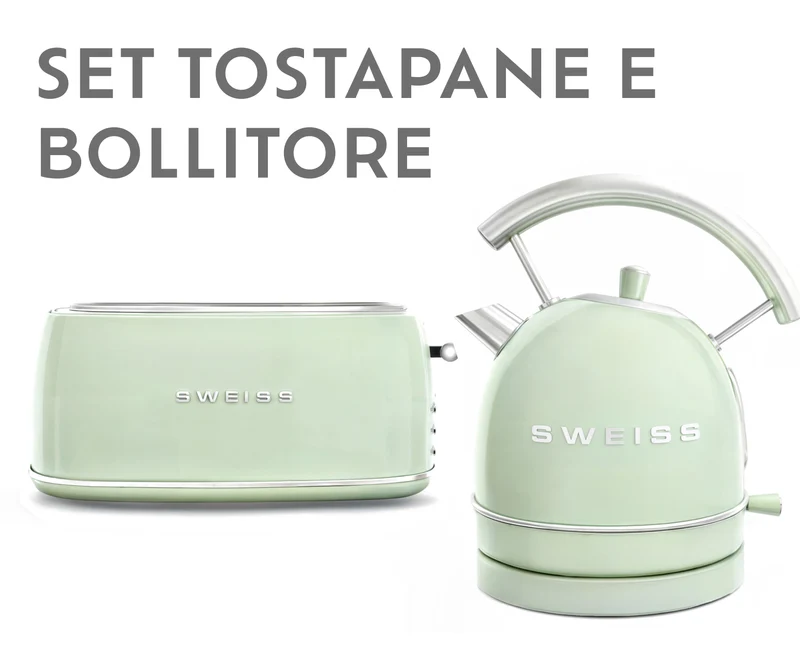 Ⓜ️🔵🔵🔵 SWEISS GRV7+KTL7 - Set di tostapane e bollitore elettrico vintage, colore VERDE RETRÒ con dettagli cromati
