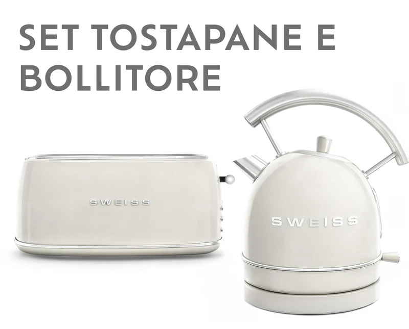 Ⓜ️🔵🔵🔵 SWEISS GRV8+KTL8 - Set di tostapane e bollitore elettrico vintage, colore CREMA RETRÒ con dettagli cromati