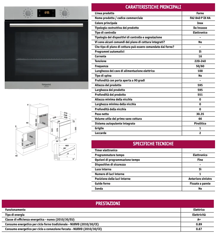 Ⓜ️🔵🔵🔵👌 Hotpoint Ariston FA2 840 P IX HA - Forno elettrrico da incasso, INOX, pirolitico, AUTOPULENTE, Classe A+