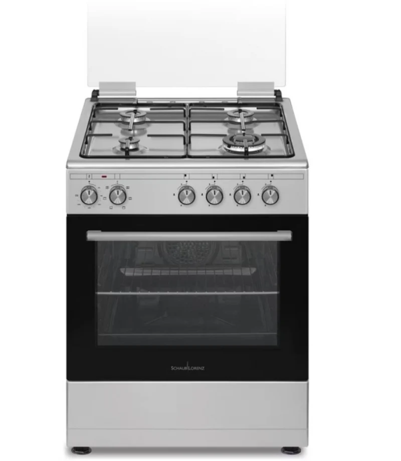 Ⓜ️🔵🔵🔵 SCHAUB LORENZ SS461EX - Cucina INOX 4 fuochi gas di cui uno tripla corona, sicur gas, 60x60cm, forno elettrico multifunzione ventilato, coperchio vetro, classe A