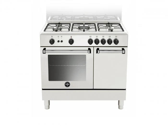 Ⓜ️🔵🔵🔵 LA GERMANIA AMN9P5GBV/24 - Cucina, Piano di Lavoro, Acciaio Inox, 5 Fuochi Gas, Forno Gas Ventilato, Vano Stipetto, 90x60 cm, Serie Americana, Nuova Classe A+