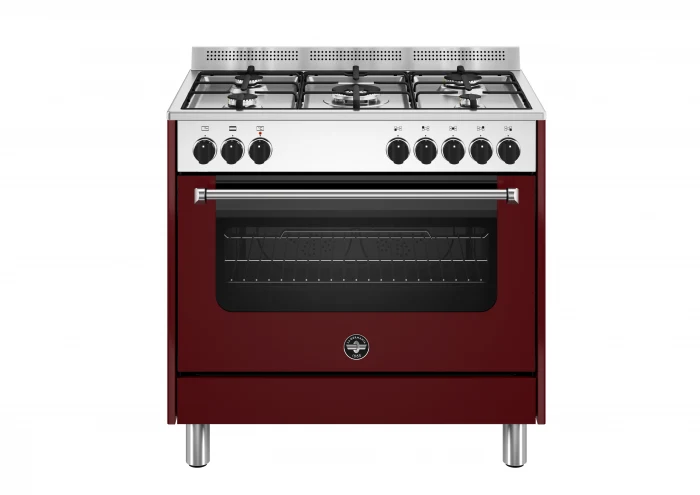 Ⓜ️🔵🔵🔵 LA GERMANIA AMN965EVIV/24 - Cucina 5 fuochi gas, forno elettrico singolo, 90x60 cm, vino opaco, Serie Americana, Classe A