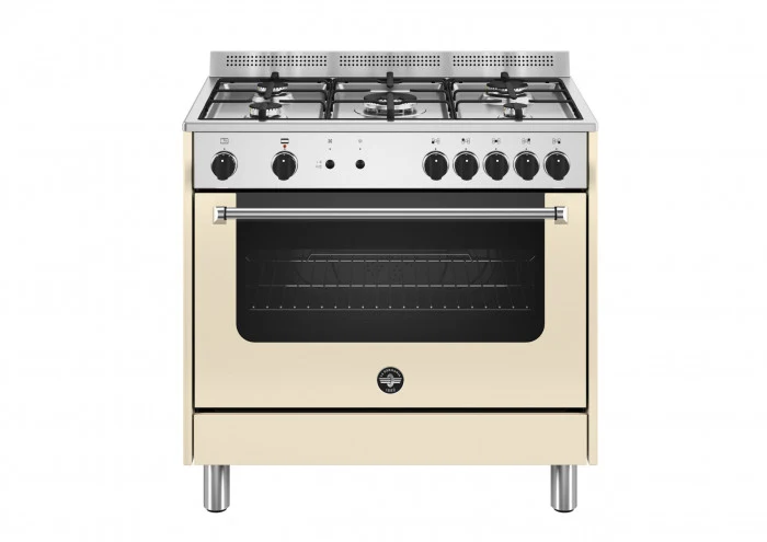 Ⓜ️🔵🔵🔵 LA GERMANIA AMN965GCRV/24 - Cucina, Piano di Lavoro in Acciaio Inox, 5 Fuochi Gas, Forno Gas Ventilato, 90x60 cm, Crema Opaco, Serie Americana, Nuova classe A+