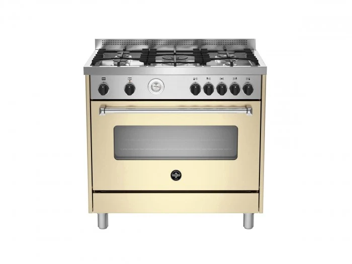 Ⓜ️🔵🔵🔵 LA GERMANIA AMN965ECRT/21 - Cucina, 5 Fuochi Gas, Bruciatore doppia corona, Forno Elettrico Multifunzione, 90x60 cm, Crema Opaco, Serie Americana, Nuova Classe A
