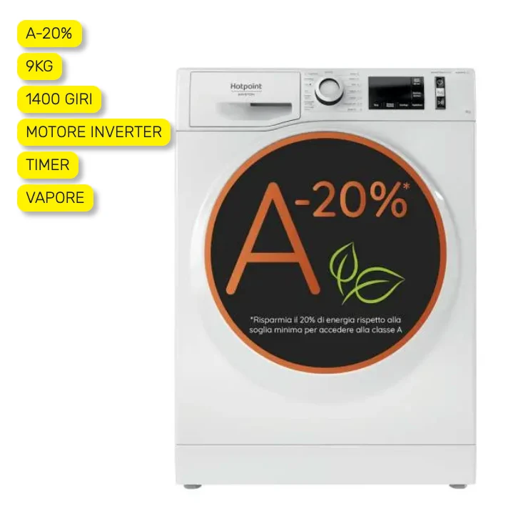 Ⓜ️🔵🔵🔵 Hotpoint ARISTON NG98WIT - Lavatrice 9 kg, NUOVA CLASSE A -20%, 1400 giri, vapore, motore inverter