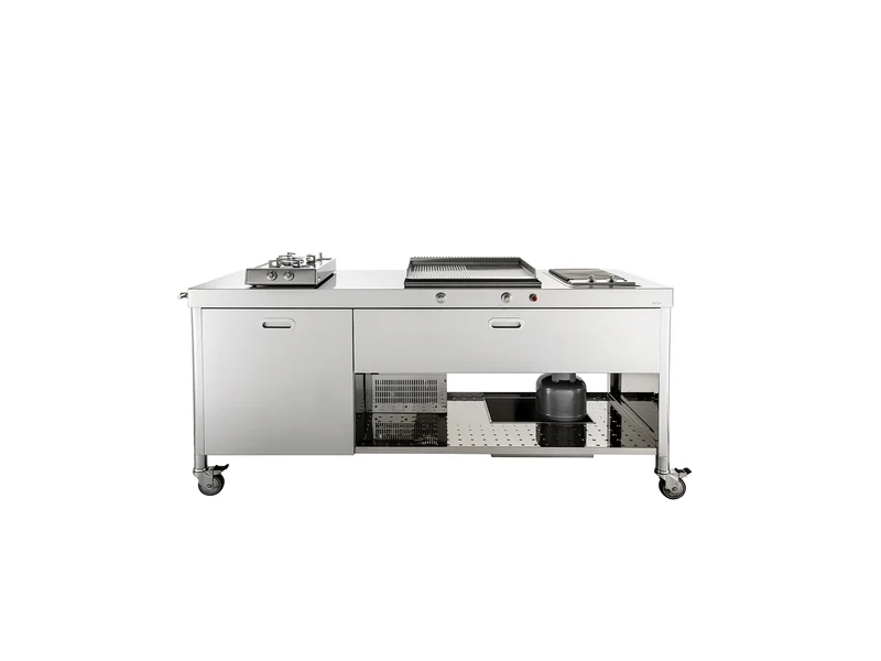 Ⓜ️🔵🔵🔵 Alpes OUT190-FRIGO60+C120/1 - LIBERI IN CUCINA, Elemento Outdoor, cottura outdoor, acciaio inox, su ruote, larg. 190cm, prof. 65cm, alt. 90cm, grill elettrico, piastra cottura, piano cottura, cassetto 120cm, ripiano fisso, bombola gas