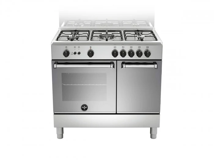 Ⓜ️🔵🔵🔵 LA GERMANIA AMN9P5GXV - Cucina piano di lavoro, acciaio inox, 5 fuochi gas, forno gas ventilato, vano stipetto, 90x60 cm, Serie Americana, Classe A+