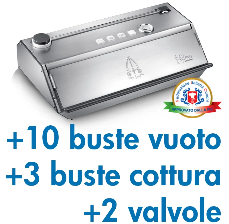 Ⓜ️🔵🔵🔵👌 Tre Spade T-43 PRO - Confezionatrice sottovuoto QUALITÀ PROFESSIONALE, ACCIAIO INOX e ABS, con in dotazione 10 buste vuoto, 3 buste cottura e 2 valvole