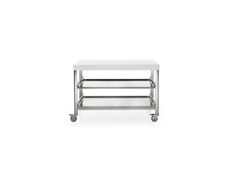 Ⓜ️🔵🔵🔵 Alpes 130C-CARRELLO-1 - LIBERI IN CUCINA, Elemento Contenimento, carrello cucina, acciaio inox top in Corian®, larg. 130cm, prof. 65cm, alt. 90cm, 2 ripiani estr. 120cm