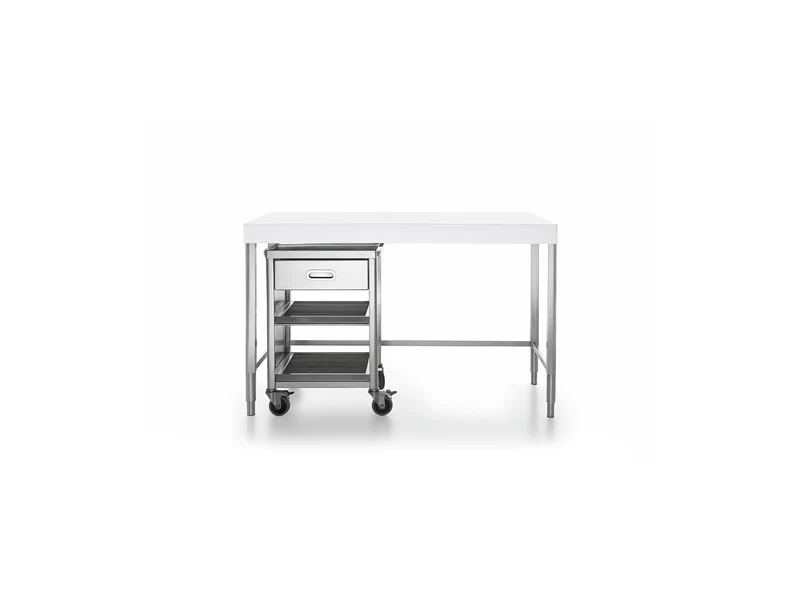 Ⓜ️🔵🔵🔵 Alpes 130C-BANCO-1 - LIBERI IN CUCINA, Elemento Contenimento, banco cucina, acciaio inox top in Corian®, larg. 130cm, prof. 65cm, alt. 90/95cm, carrello sottopiano, cassetto, 2 ripiani estr., larg. 55cm, prof. 55cm, alt. 80cm