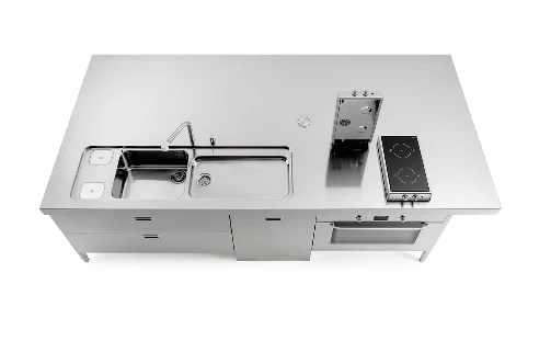 Ⓜ️🔵🔵🔵 Alpes I-LC310-C120+L60+F90+snack/1 - LIBERI IN CUCINA, Elemento Isole Lavaggio-Cottura, acciaio inox, larg. 310cm, prof. 125cm, alt. 90/95cm, vasca 70cm, vasca 50cm, 2 piani cott. rib. induzione, torretta a scomp. 3 prese elettr., forno elettr. 90cm