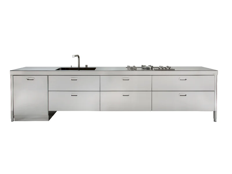 Ⓜ️🔵🔵🔵 Alpes LC370-L60+C90+C90+C120/1 - LIBERI IN CUCINA, Lavaggio-Cottura, Acciaio Inox dx/sx, larg. 370cm, prof. 65cm, alt. 90/95cm, vasca larg. 70cm, piano cott. 4 fuochi gas + bruciatore tripla corona Dual, 4 cassetti 90cm, 2 cassetti 120cm