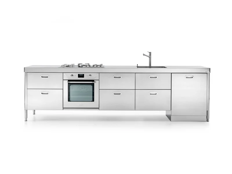 Ⓜ️🔵🔵🔵 Alpes LC310-C60+F60+C60+C60+L60/1 - LIBERI IN CUCINA, Lavaggio-Cottura, Acciaio Inox dx/sx, larg. 310cm, prof. 65cm, alt. 90/95cm, piano cott. 5 fuochi gas, fuoco centr. bruciatore tripla corona, vasca larg. 50cm, 6 cassetti 60cm, forno elettr. 60cm