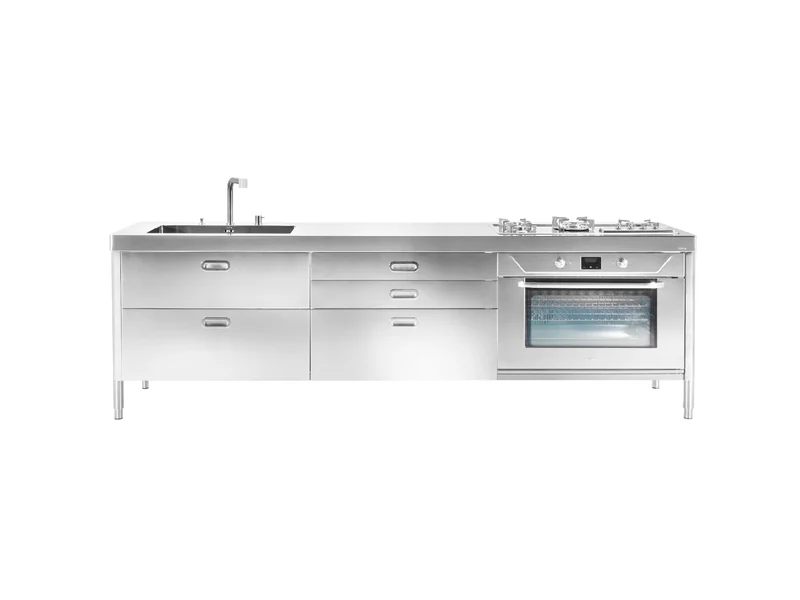 Ⓜ️🔵🔵🔵 Alpes LC280-C90+C90+F90/1 - LIBERI IN CUCINA, Lavaggio-Cottura, Acciaio Inox dx o sx, larg. 280cm, prof. 65cm, alt. 90/95cm, vasca larg. 70cm, piano cott. 4 fuochi gas fuoco centr. bruciatore tripla corona Dual, 5 cassetti 90cm, forno elettr. 90cm