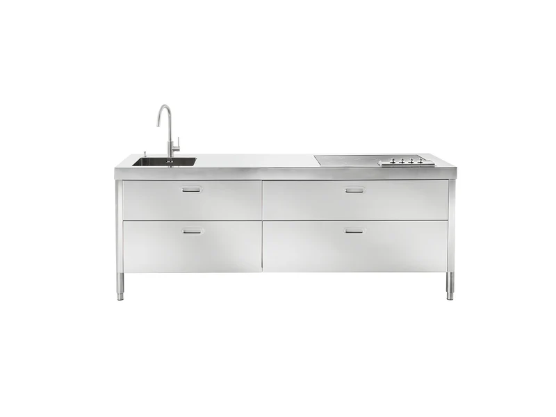 Ⓜ️🔵🔵🔵 Alpes LC220-C90+C120/1 - LIBERI IN CUCINA, Lavaggio-Cottura, Acciaio Inox dx o sx, larg. 220cm, prof. 65cm, alt. 90/95cm, vasca larga 40cm, miscelatore, doccetta estraibile, piano cottura 4 zone a induzione, 2 cassetti 90cm, 2 cassetti 120cm
