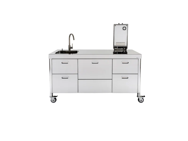Ⓜ️🔵🔵🔵 Alpes LC160-C45+L60+C45/1 - LIBERI IN CUCINA, Lavaggio-Cottura, Acciaio Inox dx o sx, larg. 160cm, prof. 65cm, alto 90cm, vasca larga 40cm, miscelatore, piano cottura ribaltabile 2 zone a induzione, 2 cassetti 45cm